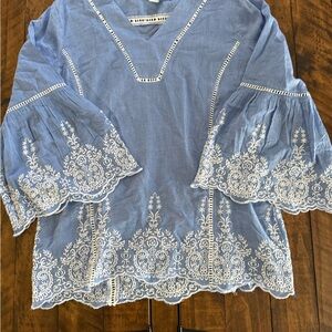 Sundance Blue and White Embellished Bell Sleeve Blouse